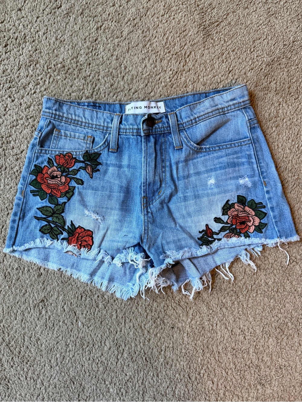 Flying Monkey Light Blue Denim Shorts with Red Rose Embroidery